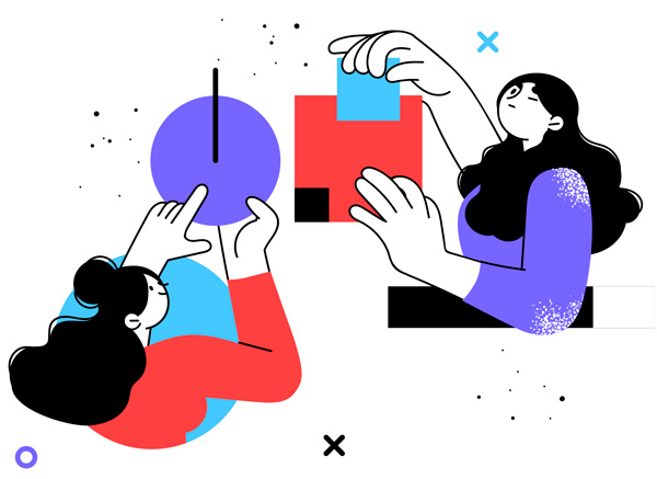 Dos personas armando figuras geométricas que simbolizan colaboración e innovación en la docencia.